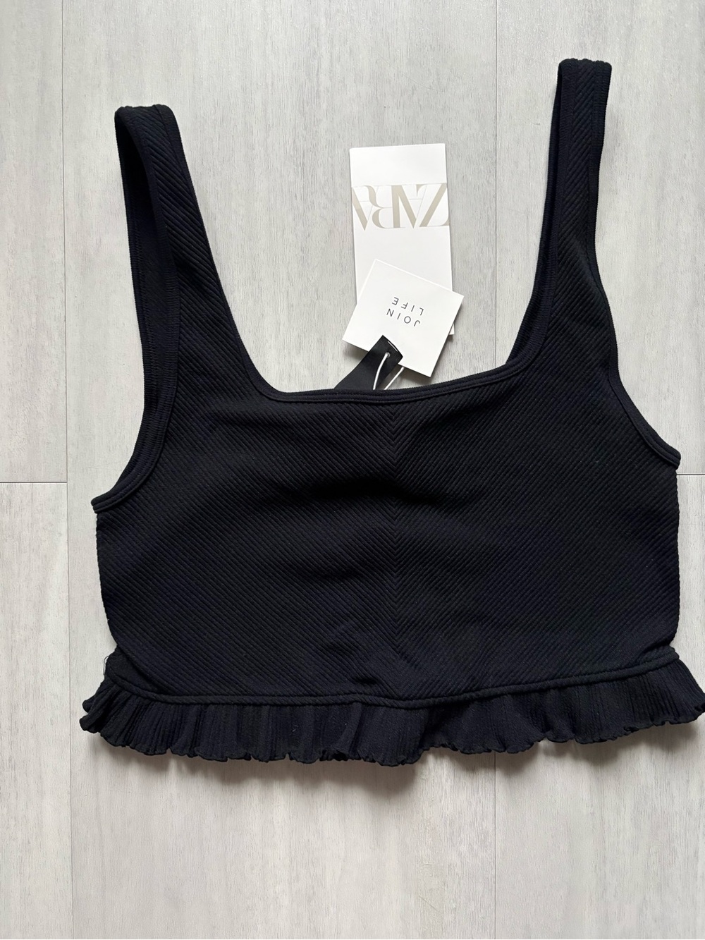 Zara Black Ribbed Ruffle-Hem Bandeau Tank
